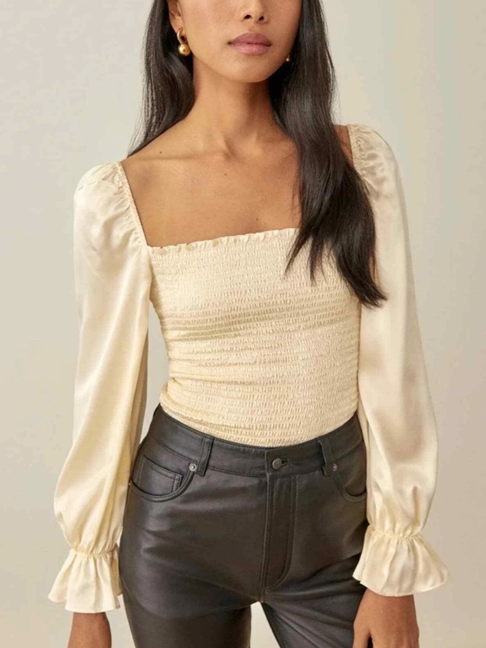 Reformation Silk Smocked Puff Sleeve Top Butter Yellow XS